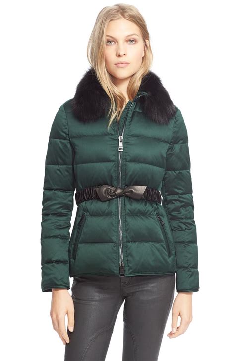 burberry brit belted down jacket with genuine fox fur collar|burberry cashmere jacket.